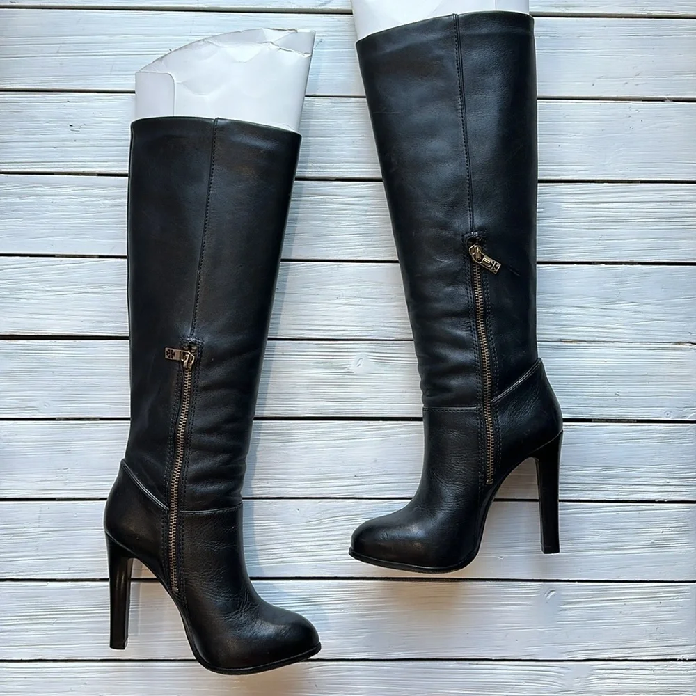 Tory Burch Black Tall Kasey Heeled Smooth Leather Boots Logo size 5.5